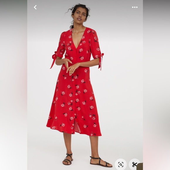 H&M red knee length midi floral dress - size 2 - Picture 2 of 7